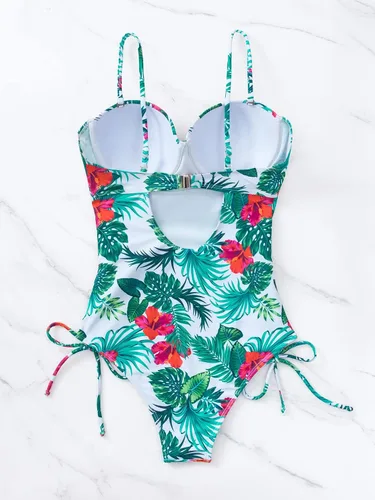 Vista 2 de WDIRARA Traje de baño de una pieza con estampado tropical y cordón lateral fruncido halter para mujer