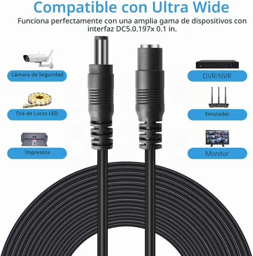 Vista 2 de Cable de extensión de alimentación CC, cable de extensión de 12 V CC de 0.083 in x 0.217 in, cable de alimentación macho a hembra, para cámara