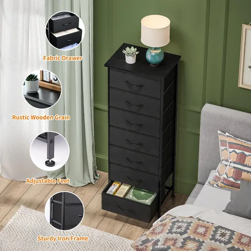 Vista 4 de Fixwal Cómoda negra alta y delgada para dormitorio, organizador de almacenamiento estrecho con 7 cajones de tela, muebles de mesita de noche