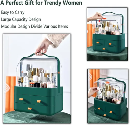 Vista 2 de Organizador de maquillaje grande con soporte para pinceles, organizador de cuidado de la piel impermeable y a prueba de polvo con tapa y cajones