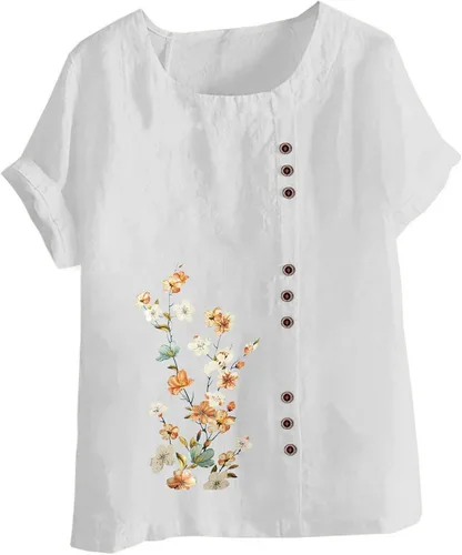 Vista 4 de Blusa estampada con flores para mujer, camiseta manga corta de algodón y lino, camisetas con cuello Redondo 2023