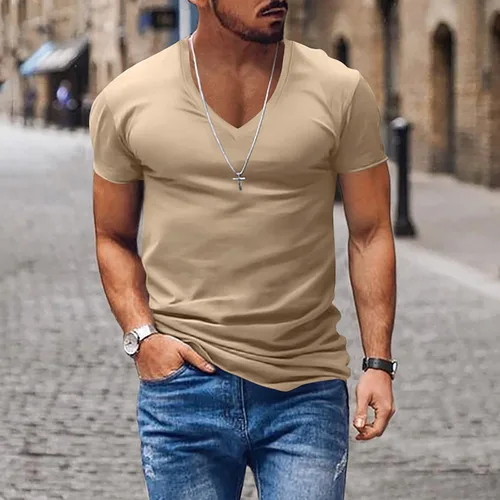 Vista 2 de EndoraDore Camiseta de manga corta con cuello en V para hombre, camiseta atlética elástica, para gimnasio, entrenamiento