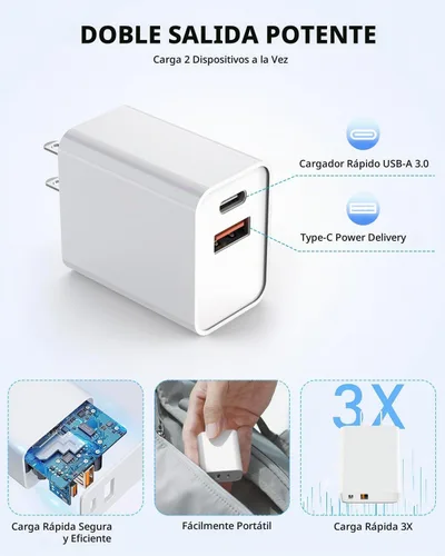 Vista 5 de Paquete de 3 cargadores de pared USB C de Apple, adaptador de corriente de 20W iPhone 17/16 de doble puerto QC + PD 3.0, bloque de carga rápida