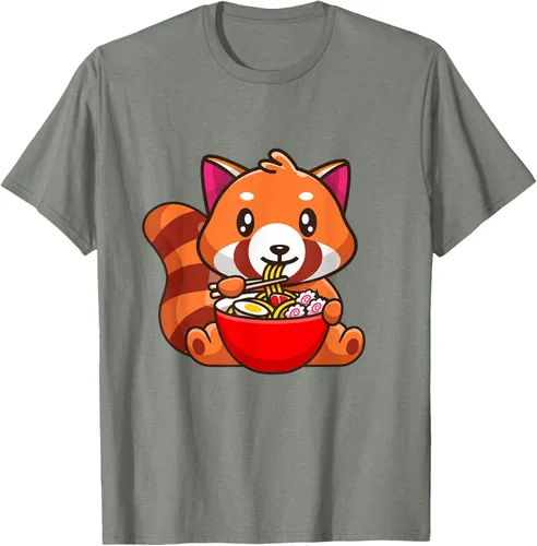 Vista 16 de Camiseta Kawaii Anime Red Panda Eating Ramen Noodles, Negro, S