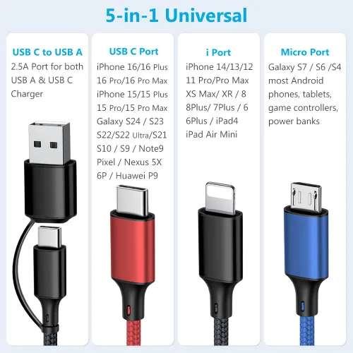 Vista 6 de Puxnoin Cable de carga múltiple 5 en 1, paquete de 2 unidades, cable de 4 pies, cargador múltiple USB C universal con conectores USB C/Micro USB
