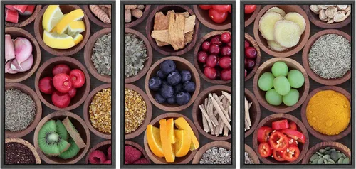 Vista 67 de wall26 Lienzo enmarcado para pared, juego de arte de hierbas, verduras y condimentos en madera, alimentos, fotografía cultural, realismo, paisaje