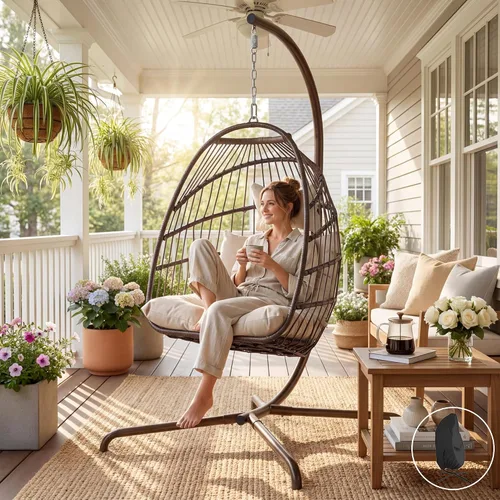 Vista 16 de NICESOUL Cómoda y cómoda silla de mimbre para exteriores con soporte, sillas plegables para patio con cojín, hamaca resistente de 350 libras