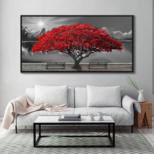 Vista 26 de Mofutinpo Arte de Pared de Árbol Rojo en Blanco y Negro Impresión en Lienzo Cuadro Paisaje de Árbol Rojo Grande Obra de Arte Moderna para Sala