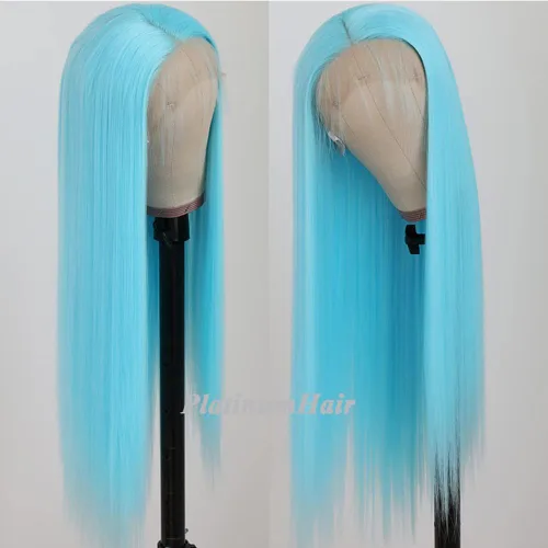 Vista 3 de Pelucas de encaje frontal color azul con encaje frontal, peluca para usar y llevar, sin pegamento, pelucas de cabello largo y lacio, pelucas