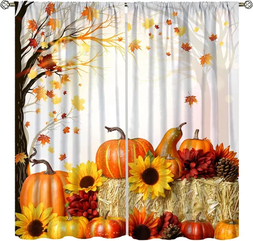 Vista 25 de Cortinas de ventana de cosecha de otoño, marco de madera rústica, cortinas florales de pacas de heno y calabaza, cenefa de cocina de Acción