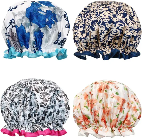 Vista 11 de Wrapables® Elegantes gorros de ducha impermeables de doble capa (juego de 4), estampado animal y puntos