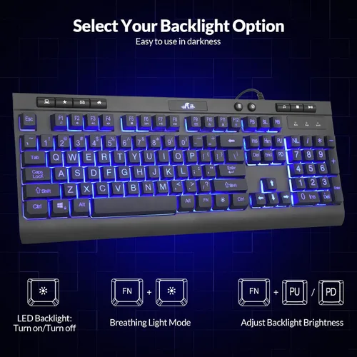 Vista 3 de Rii RK900Pro Teclado retroiluminado de impresión grande, teclado USB de tamaño completo con cable con retroiluminación azul, compatible con Windows