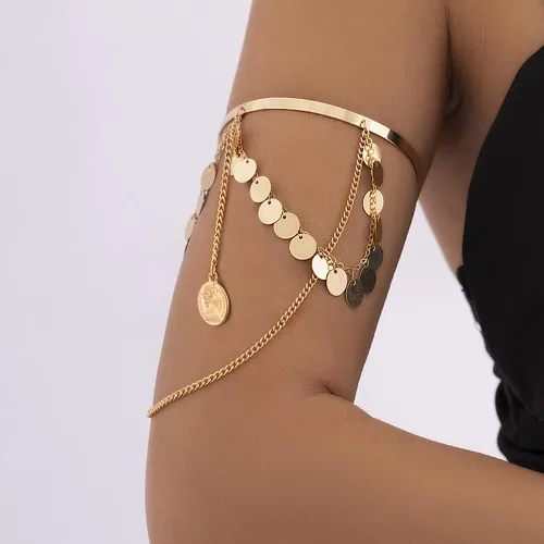 Vista 3 de Missgrace Brazalete abierto bohemio con lentejuelas doradas y plateadas, con borlas en la parte superior del brazo, brazalete abierto
