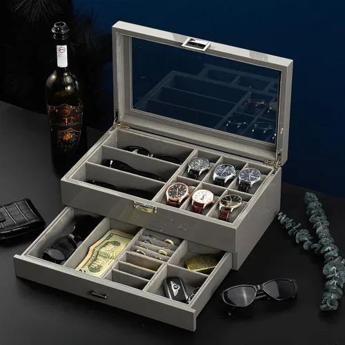 Vista 3 de ProCase Lacquered Finish Wooden Men's Jewelry Box Bundle with 18 Slots Sunglasses Organizer