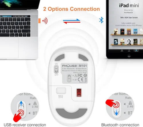 Vista 6 de FMOUSE Bonito mouse inalámbrico, Bluetooth y modo dual de 2.4 GHz con receptor USB, clic silencioso, alimentado por batería AA, para niños, Niña