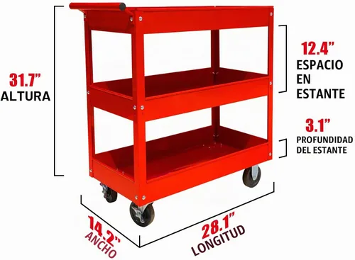 Vista 3 de Torin APTC302B Carro de empuje de servicio de herramientas de acero con 3 estantes y capacidad de 200 lb, color rojo