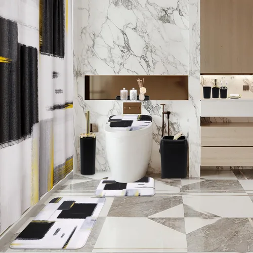 Vista 7 de XLHOMO Juego de baño – Juego de accesorios de baño negro, juegos de baño con cortina de ducha y alfombras, juego de cortina de ducha negra