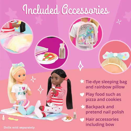 Vista 3 de Glitter Girls Accesorios para muñecas de 14 pulgadas - Juego de mochila y fiesta de pijamas - Tie - Saco de dormir teñido, almohada arcoíris