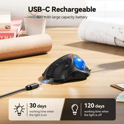 Vista 5 de TECKNET Ratón de Trackball inalámbrico profesional, mouse Bluetooth con control ergonómico de pulgar, USB-C recargable, mouse con luz RGB con DPI