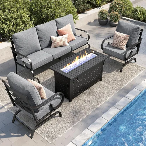 Vista 12 de PHI VILLA Patio Furniture Set with 4 Rocking Chairs & Fire Pit, Beige