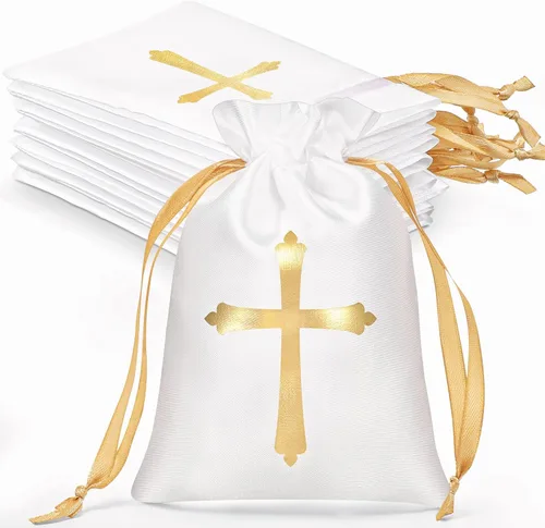 Vista 8 de PerKoop 50 bolsas de regalo de satén para bautismo con cordón de 4 x 6 pulgadas, bolsas de regalo religioso con cruz, bolsas de joyería