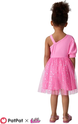Vista 4 de L.O.L. Surprise! Vestido escalonado para niñas, estampado de figura en capas, un hombro, vestido casual fluido, talla 6-12