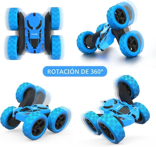 Vista 2 de Hamdol Auto de control remoto para niños, auto de acrobacias RC giratorio de 360°, vehículo eléctrico 4WD de doble cara con luces LED, autos de Azul