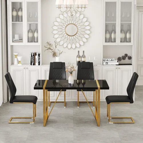 Vista 7 de Juego de mesa de comedor moderna de 55 pulgadas para 4, mesa de comedor negra y marco de metal dorado, mesa de comedor rectangular con 4 sillas