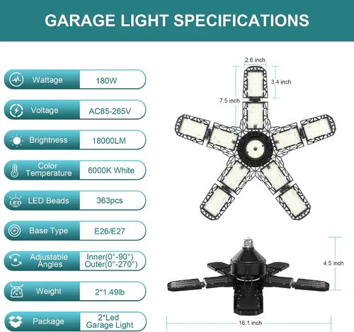 Vista 7 de Nexillumi - Paquete de 2 lámparas LED de garaje de 180 W, 36000 lm, luces LED de techo para garaje con base media E26/E27, 6000 K de iluminación