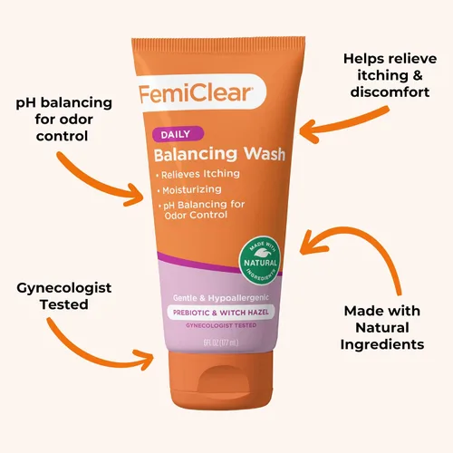 Vista 4 de FemiClear Lavado diario femenino calmante – Lavado de cuidado femenino para picazón y piel irritada, productos de higiene femenina, esenciales