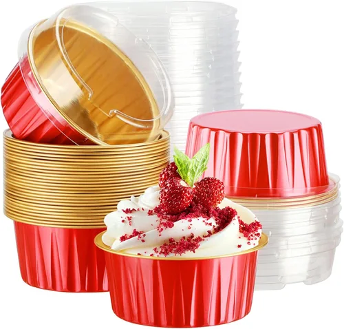 Vista 30 de EUSOAR Moldes desechables de papel de aluminio con tapas, 30 piezas de 5 onzas (4.2 fl oz) de papel de aluminio para magdalenas, tazas para hornear
