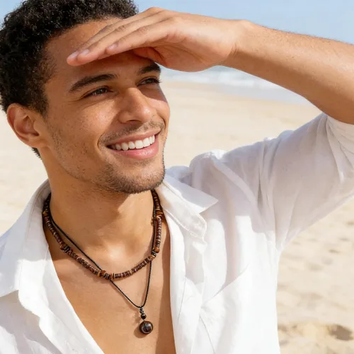 Vista 5 de Collar de capas de conchas Puka para hombres con cuentas de madera de coco marrón, collar bohemio de verano para hombres, collar de playa