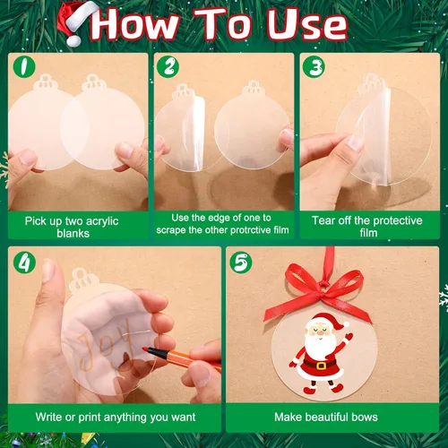 Vista 3 de Blulu 200 Piezas Adornos de Acrílico Transparente de Navidad con 4 Rollos de Cinta Roja DIY Blancos Círculo Acrílico Redondo Ornamento