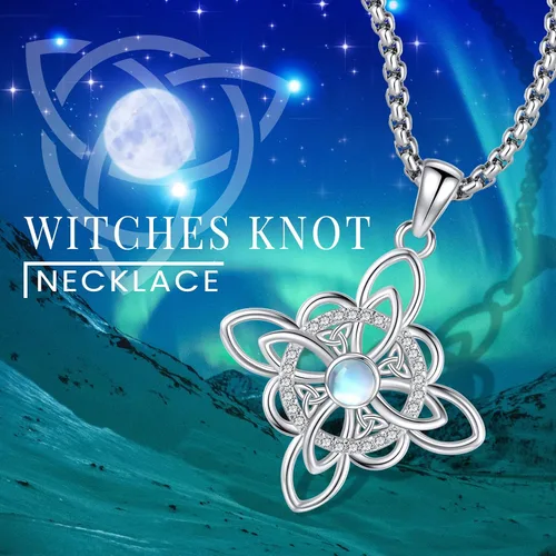 Vista 8 de Collar de pentagrama de plata de ley con triple luna, diosa celta, nudo celta, nudo de brujas, Ankh, sol y luna, Hécate, lilith, Santa Muerte