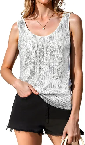 Vista 5 de Tops de Lentejuelas para Mujeres Sin Mangas Cuello Pronunciado Brillantes con Destellos Camisetas Sin Mangas Sexy para Fiestas Camiseta Base Sin