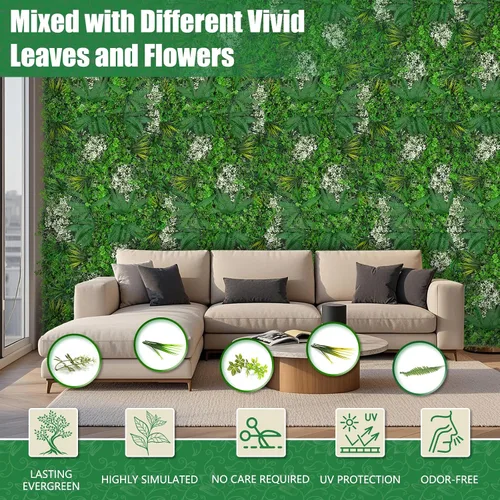 Vista 3 de Paneles de pared de césped de 20 x 20 pulgadas, 16 piezas de fondo de vegetación artificial con hojas resistentes a los rayos UV, decoración