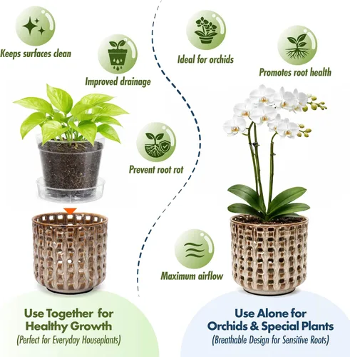 Vista 4 de D'vine Dev Maceta de cerámica para orquídeas de 6.7 pulgadas con diseño de recorte de celosía, maceta esmaltada con maceta transparente y platillo