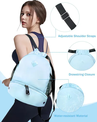 Vista 4 de Mochila de gimnasio con cordón y compartimento para zapatos para hombres y mujeres, bolsa deportiva de cuerda con bolsillo húmedo, bolsa de playa