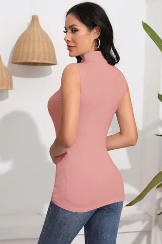 Vista 4 de SHEIUGU Camiseta de manga larga para mujer, sin mangas, cuello alto, básica, elástica, ajustada, ropa