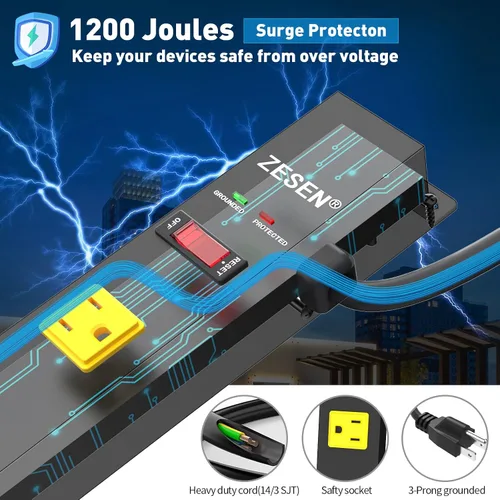 Vista 3 de Regletas de alimentación largas de 12 tomas de corriente amplias con regleta de cable de 4 pies Heavy Duty Industrial Power Strip Surge Protector