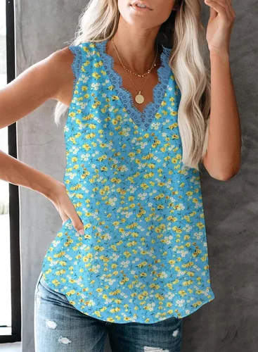 Vista 268 de VIISHOW - Camiseta sin mangas, sexy, con cuello en V y bordes de encaje para mujer, camisola de vestir, camisas de gasa, sin mangas, casuales