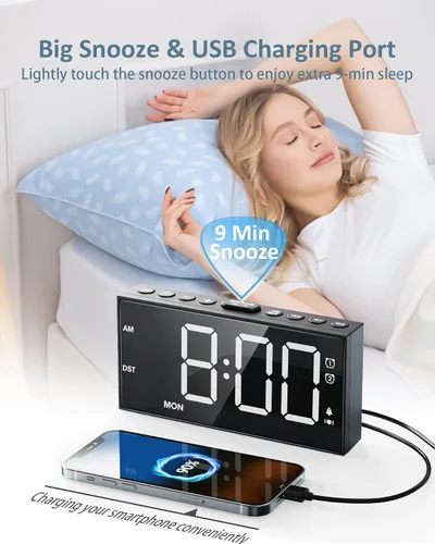 Vista 5 de Reloj despertador ruidoso para personas que duermen con vibración con agitador de cama de 10000 RPM, pantalla LED de 7.5 pulgadas, modo día/fin