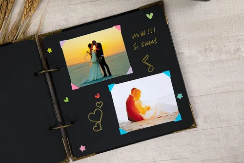 Vista 3 de Álbum de fotos de 8 x 8 pulgadas de cuero con tapa dura, 80 páginas de papel artesanal en blanco, álbum de recortes DIY para bodas y aniversarios