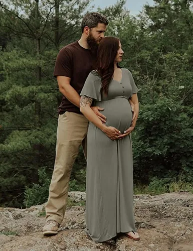 Vista 3 de Peauty Vestidos de maternidad de otoño para mujer, vestido de sesión de fotos de maternidad con botón decorativo, vestido de baby shower