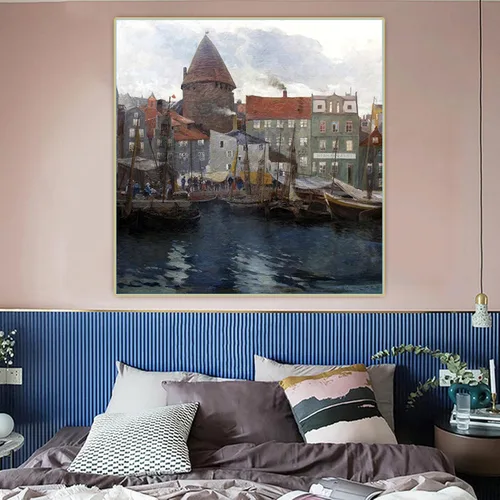 Vista 4 de Pinturas famosas Impresión de lienzo Adolf Kaufmann "Puerto pesquero" Lienzo Imagen de arte de pared para decoración de oficina 19.7x19.7 in Sin