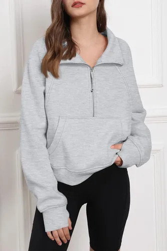 Vista 2 de Trendy Queen Sudadera corta con cremallera media para mujer, sudadera con capucha de forro polar con cremallera de un cuarto, suéter de invierno