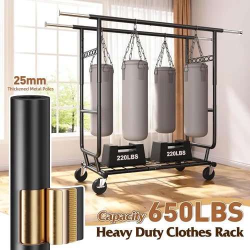 Vista 4 de Raybee Perchero de Ropa Carga 630LBS, Perchero de Ropa Resistente, Percheros Rodantes de Ropa para Colgar Ropa con Ruedas, Perchero de Ropa Negro