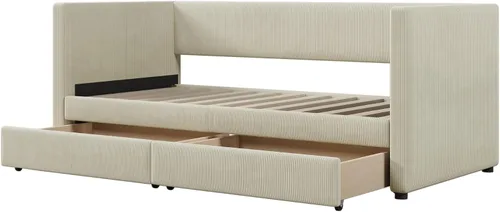 Vista 4 de Sofá cama de pana de tamaño individual con dos cajones, marco de sofá cama de madera maciza con soporte de listones de madera para dormitorio