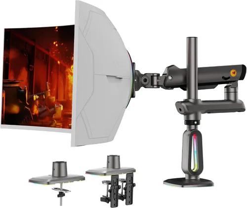 Vista 6 de NB Brazo de monitor de juego de altura extra para pantalla de 32 a 60 pulgadas, carga de hasta 20 kg, VESA 75/100, luz RGB, resistente, ajustable