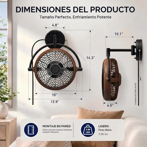 Vista 7 de Wall Mount Fan with Folding Arm 10 Inch Small RV Wall Fan Quiet Oscillating Nogal